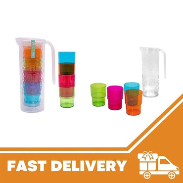 1.6L Clear Plastic Pitcher 4x Reusable Coloured Bello Tumbler Glasses BBQ Party - ZYBUX